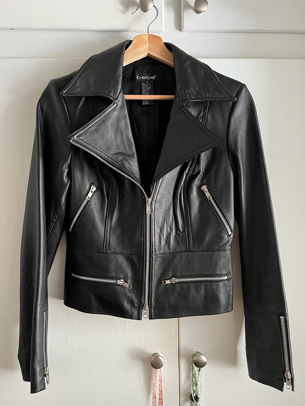 bebe Black Genuine Leather Moto Jacket with Silver Zippers